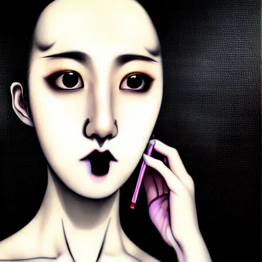 Image similar to yoshitaka amano blurred and dreamy realistic three quarter angle portrait of a young woman with black lipstick and black eyes wearing dress suit with tie, junji ito abstract patterns in the background, satoshi kon anime, noisy film grain effect, highly detailed, renaissance oil painting, weird portrait angle, blurred lost edges