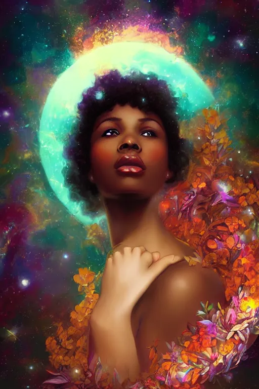 Image similar to beautiful black girl magic, nature goddess in front of nebulae bursting halos, crisp digital painting by artgerm by mucha by caravaggio and face by wlop