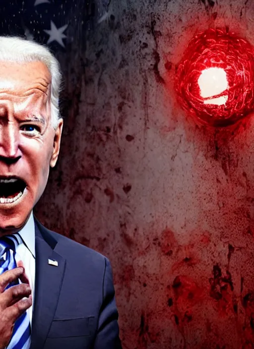 Prompt: Joe Biden, hyper realistic ultra realistic horror terror dimensional photo furious glowing red eyes, extreme fear, panic, psychotic, Joe Biden , high quality photo, detailed , 8k