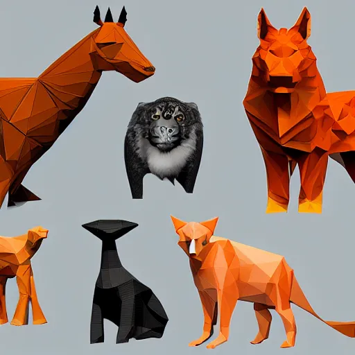 Prompt: low-poly models of various kinds of animals