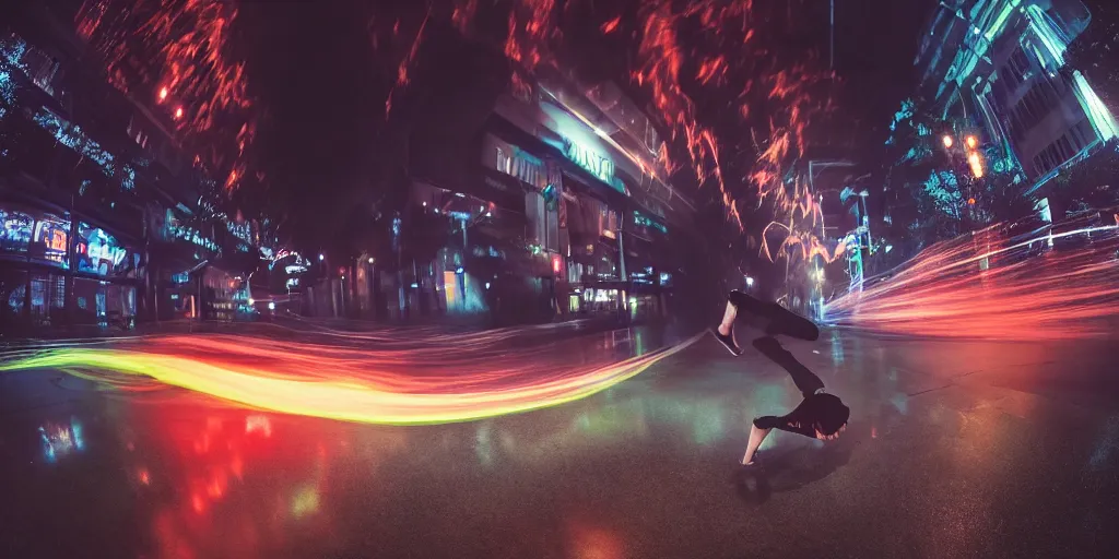 Prompt: fisheye lens slow motion with trail effect of futuristic break dancer wearing floating long dress with neon lights, long exposure shot , at night in the middle of a rainy wet street, paddle of water, steam, fog, water splashes, rim lights, glossy reflections, water droplets on lens, octane render, dark and dramatic, fire explosions in the background, detailed and soft, fisheye lens, smooth, sharp focus, illustration, art by artgerm and greg rutkowski and Annie Leibovitz, graphic glitches