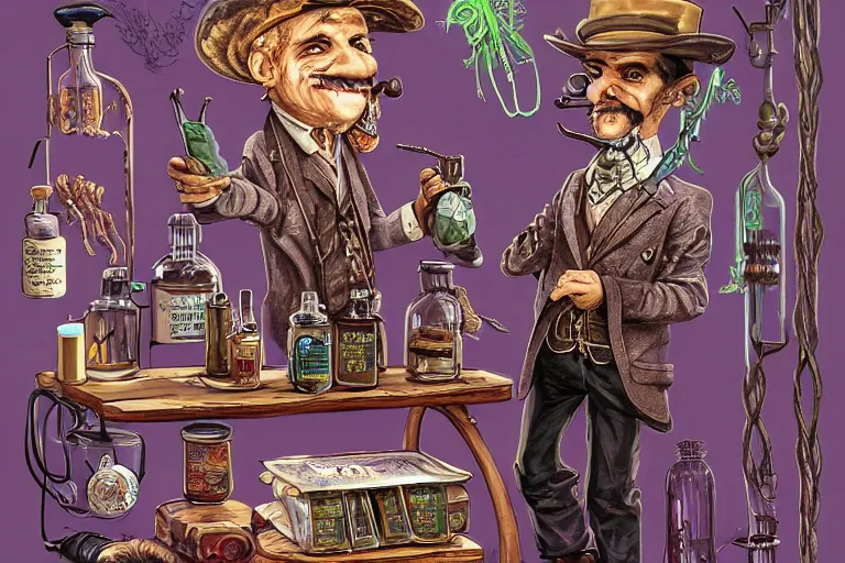 Prompt: Uncle Aloysius, snake oil salesman, wild west crypto pharmaceutical industrialist apothecary alchemist tinkerer engineer, cute, fantasy, intricate, elegant, highly detailed, digital painting, 4k, HDR, concept art, smooth, sharp focus, illustration, purple green color scheme, art by Ed Roth and H R Giger and Greg Rutowski