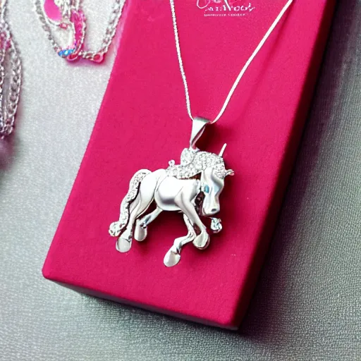 Image similar to a lovely silver cartoon unicorn necklace pendant, 3 d rendering, pandora style, tiffany style, swarovski style, van cleef & arpels style, cartier style, boucheron style, bulgari style, chaumet style, elegant, noble, stylish