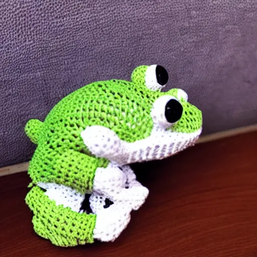 Prompt: tiny cute crotchet stuffed animal frog being heroic and saving the world, ultra detailed, beautiful, epic