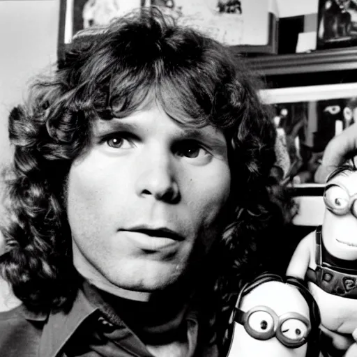 Image similar to jim morrison posing with minion toys in his hands, presented to the camera, black and white photography
