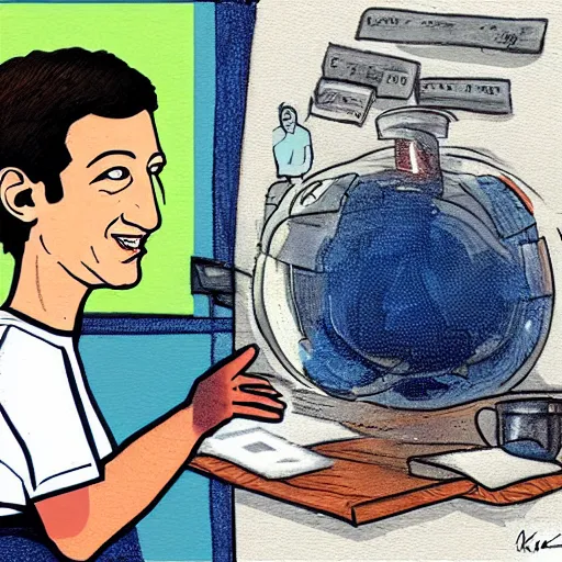 Prompt: a caricature of Mark Zuckerberg drawn by Mahesh Nambiar-n 9
