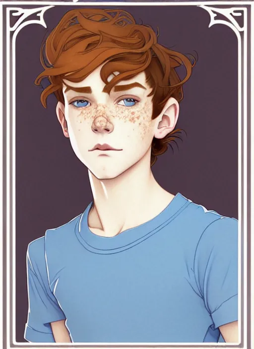 Image similar to art nouveau portrait of a teen boy with completely straight auburn hair, light blue eyes, pale skin, freckles, sad expression, t - shirt, modern casual clothing, natural lighting, path traced, highly detailed, high quality, cartoon, digital painting, by don bluth and ross tran and studio ghibli and alphonse mucha