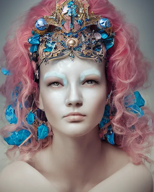 Prompt: natural light, soft focus portrait of an android with soft synthetic pink skin, blue bioluminescent plastics, smooth shiny metal, elaborate ornate head piece, piercings, venetian mask, skin textures, by annie liebovotz,