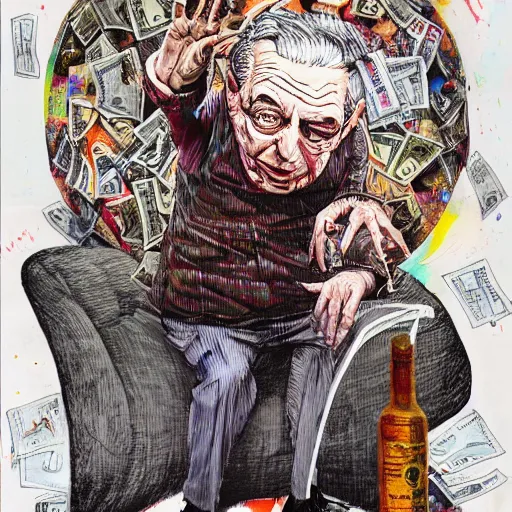 Image similar to George Soros full body shot, dollar bills Body horror, biopunk, by Ralph Steadman, Francis Bacon, Hunter S Thompson