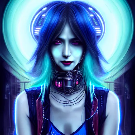 Image similar to a portrait of vampire of clan banu haqim, light brown skin, night, long light blue hair, cyberpunk city, neon signs, bangles an ultrafine detailed painting by ayami kojima, cgsociety, fantasy, anime digital art, lovecraftian, cosmic horror, detailed painting