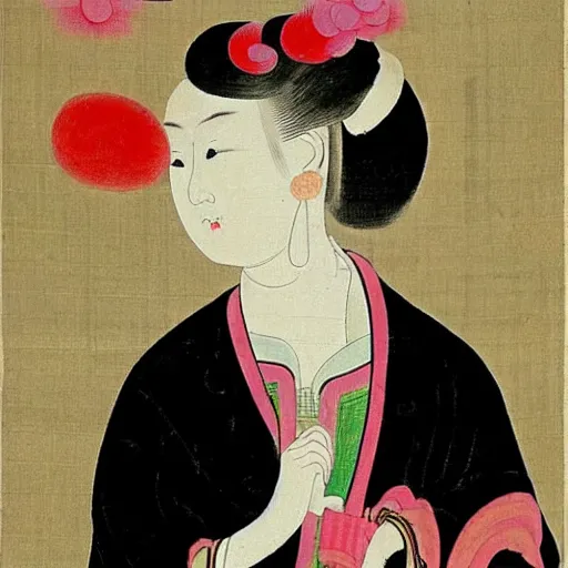 Prompt: the Chinese ancient painting of a lady eating cotton candy in Tang Dynasty , by Han Xizai