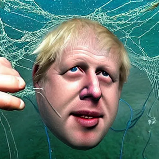Prompt: Boris Johnson underwater, tangled in a fishing net