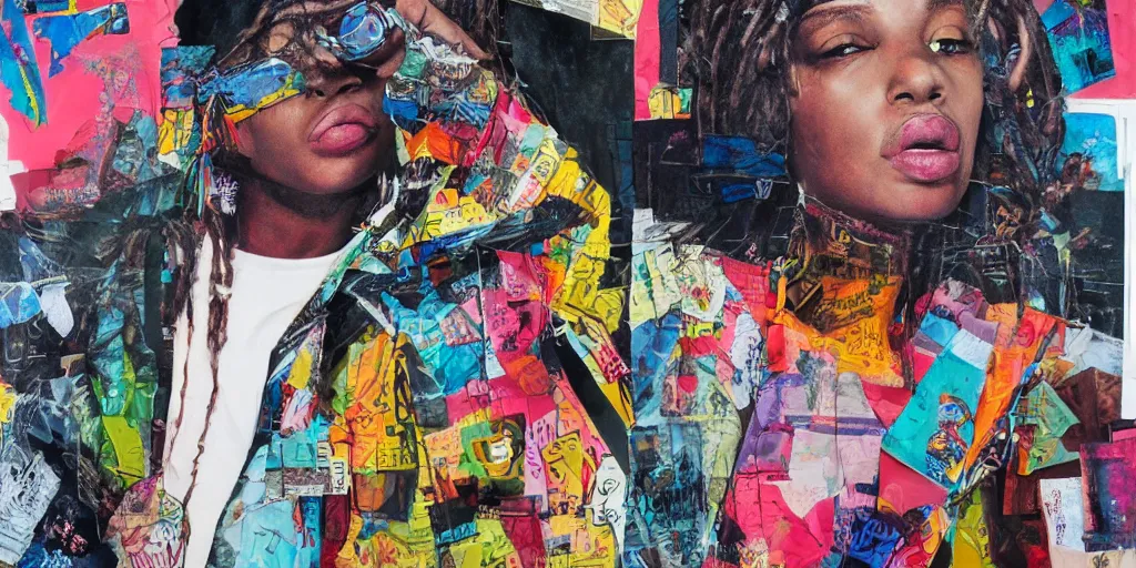 Prompt: 9 0 s hip - hop fashion, collage paper and tape, acrylic on canvas and hyperrealism mixed with expressionism, high resolution, cinematic, unreal 6, breathtaking detailed, by blake neubert