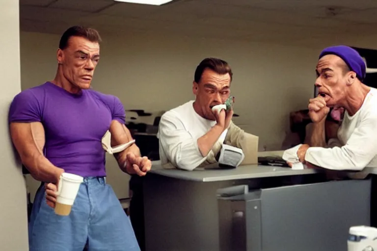 Prompt: Jean Claude van Damme working as your IT guy in the office he's smoking a blunt and wearing a purple durag, and the person that isn't scowling because he doesn't smell that good. meanwhile the top G Andrew Tate warming up a spoon of heroin in the background. Mcdonald hamburger +4 fights my best friend allen in the parking lot of applebee's