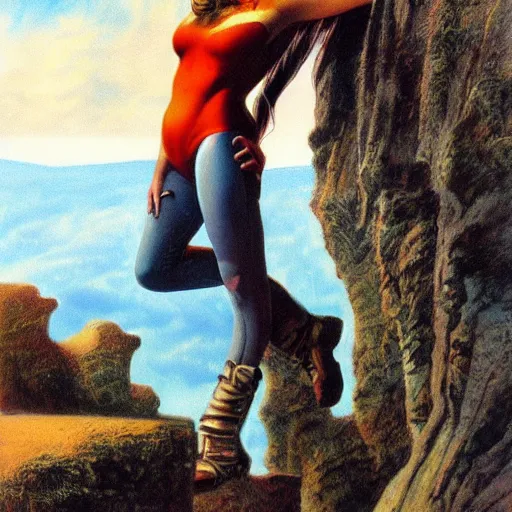 Image similar to teenage emo woman standing on a cliff, heroic, epic, matte painting by Boris Vallejo