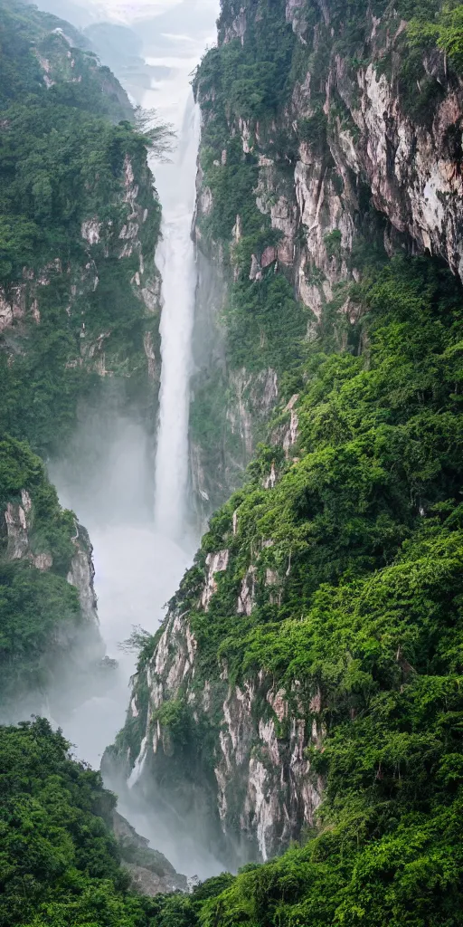 Image similar to a Cloudy peak in southern China with one waterfall, the style of National Geographic magazine