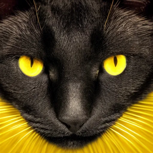 Prompt: portrait mugshot of a sad looking black bombay cat, yellow shiny eyes, digital art, symmetrical face, hd, wallpaper, 4 k