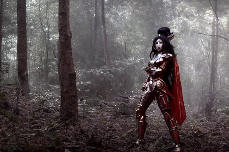 Image similar to vfx movie scene closeup nomad cyborg warrior geisha in a smoldering forest. by emmanuel lubezki