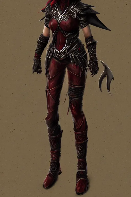 Image similar to female adventurer in tight full - body ebony leather armor of dunmer design with dark red cloth underneath and with a red porcelain crow mask, trending in artstation, establishing shot