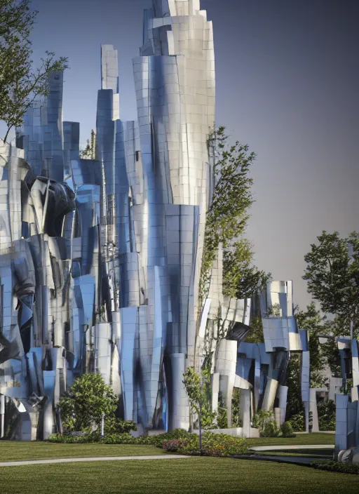 Image similar to highly detailed realistic architecture 3 d render of a futuristic stele monument in frank gehry style standing in city park, archdaily, made in unreal engine 4 octane render