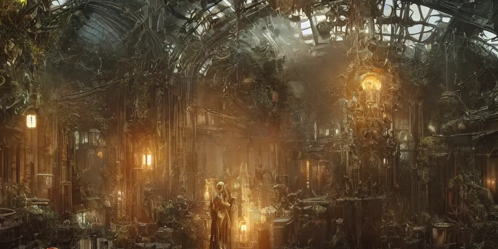 Image similar to octane render, ultra photorealistic, hyper detailed, unreal engine, a breathtaking sci - fi gothic victorian greenhouse terrarium with amber liquid containers perserving human bodies. artwork by guillermo del toro, james cameron, greg rutkowski, alphonse mucha, james gurney inspired by blade runner 2 0 4 9