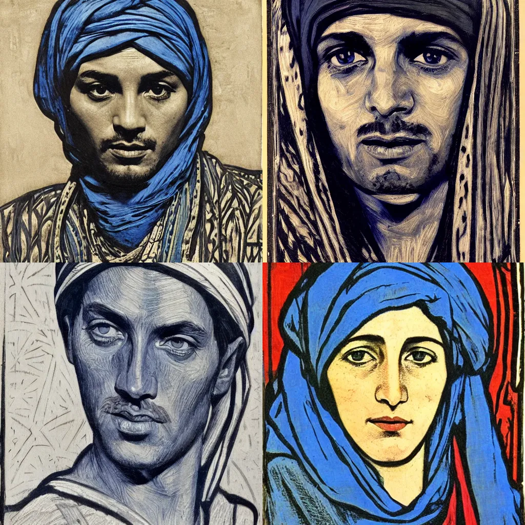 Prompt: portrait, bedouin realism, woodcut, art nouveau ( 1 9 2 2 ), pyrrol scarlet, titanium white, phthalo blue, stathmore 4 0 0, 3 5 mm, f 3 2, grisaille, luminous