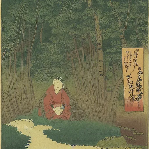 Image similar to A beautiful photograph of a serene and picturesque forest scene. The leaves are all different shades of green, and the sunlight is shining through the trees. There is a small stream running through the forest, and the whole scene is surrounded by mountains. lawn green, ensō by Utagawa Kuniyoshi, by Jean Fouquet