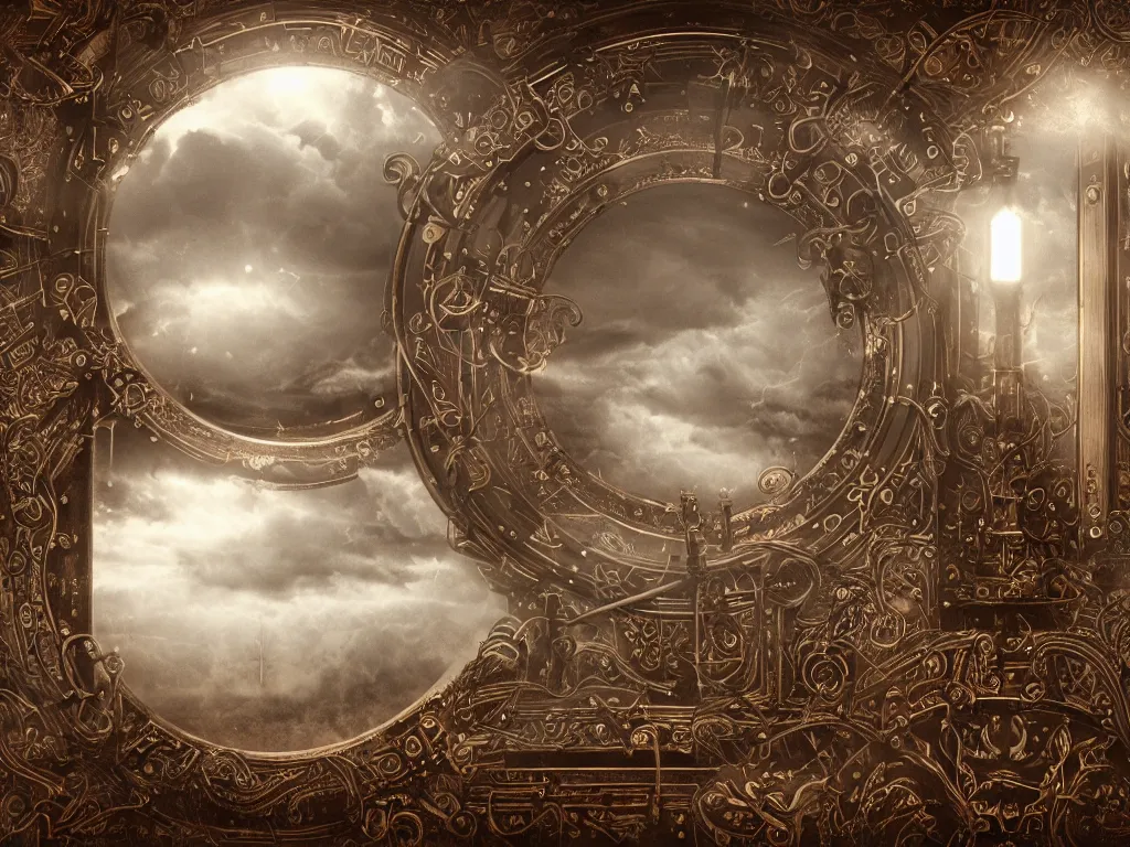 Image similar to richly decorated Victorian modular synthesizer, modern, beautiful, detailed wood, photorealistic, photorealism, lightning, clouds, the winter light comes in through a porthole, volumetric fog