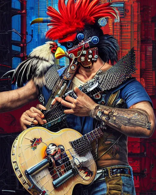 Image similar to a portrait of an anthropomorphic cyberpunk rooster shredding a banjo by sandra chevrier, by jon foster, detailed render, tape deck, epic composition, cybernetics, 4 k realistic, cryengine, realistic shaded lighting, sharp focus, masterpiece, by enki bilal