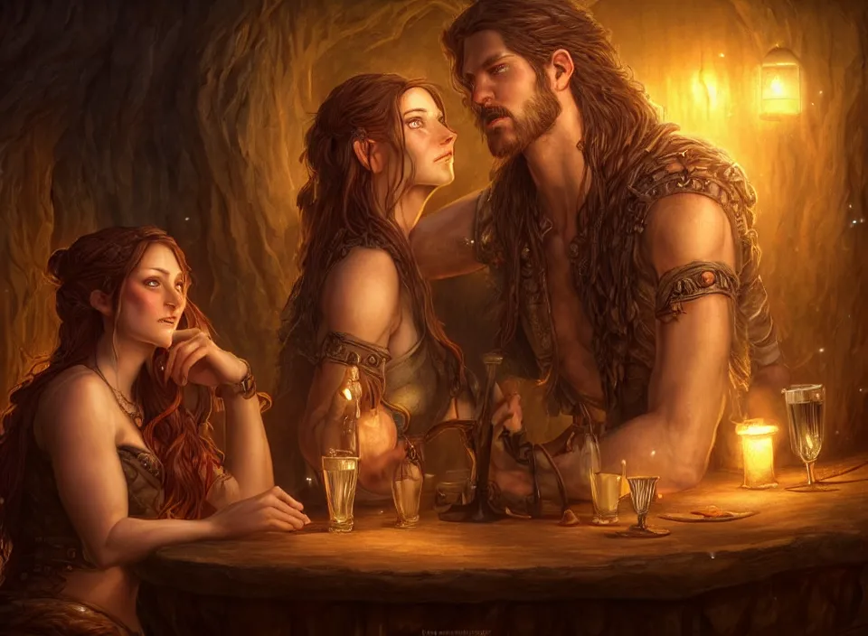 Prompt: a beautiful adventuring drinking couple, dimly-lit cozy tavern, relaxed pose, fantasy art, detailed painterly digital art style by Julie Bell, d&d vibe, various clothing and hair styles, 🍸, 8k octane beautifully detailed render, post-processing, extremely hyperdetailed, intricate, epic composition, grim yet sparkling atmosphere, cinematic lighting + masterpiece, trending on artstation, very detailed, vibrant colors