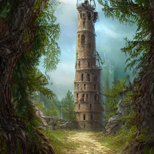 Image similar to an archaic tower looming over a grove of ancient trees, realistic digital painting, medieval fantasy, very detailed