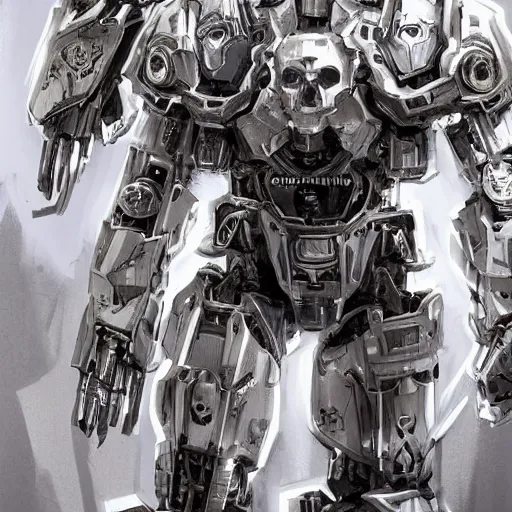 Image similar to cinematic higly detailed intricate skull mecha armor futuristic made of a hard white metallic surface with dramatic lighting