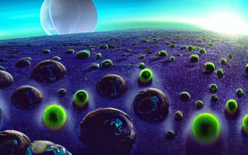 Image similar to Alien planet with weird unknown plants, POV looking far in the distance, rings stretch across horizon, landscape photography 4k