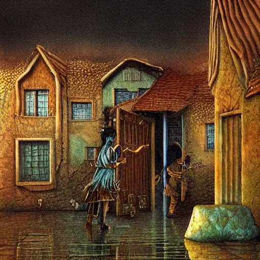 Image similar to scene from a dream. village. digital artwork by vincent bons, michael whelan, remedios varo and gerardo dottori. grainy and rough. interesting pastel colour palette. beautiful light. oil and water colour based on high quality render.