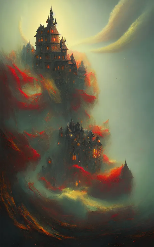 Prompt: a beautiful dark vintage abstract castle by Raja Ravi Varma and Gediminas Pranckevicius, trending on ArtStation, by Sam Spratt, explosion of colors, white spirit