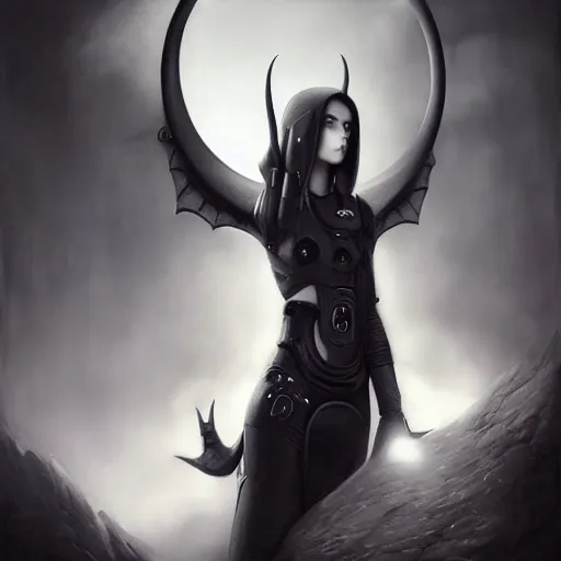 Prompt: By Tom Bagshaw, ultra realist soft painting of cyberpunk curiosities by night, very beautiful single female gothic fully dressed, horns, symmetry accurate features, very intricate details, ominous sky, black and white, volumetric light clouds