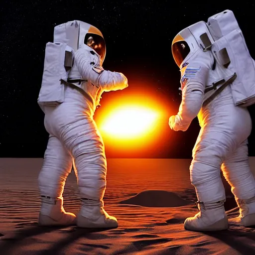 Image similar to two astronauts standing in the middle of a desert shaking hands, one of the astronauts are on fire