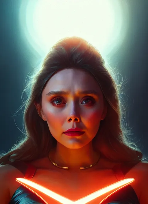 Image similar to portrait of modern darna, elizabeth olsen, intricate, elegant, glowing lights, highly detailed, digital painting, artstation, glamor pose, concept art, smooth, sharp focus, illustration, art by wlop, mars ravelo and greg rutkowski