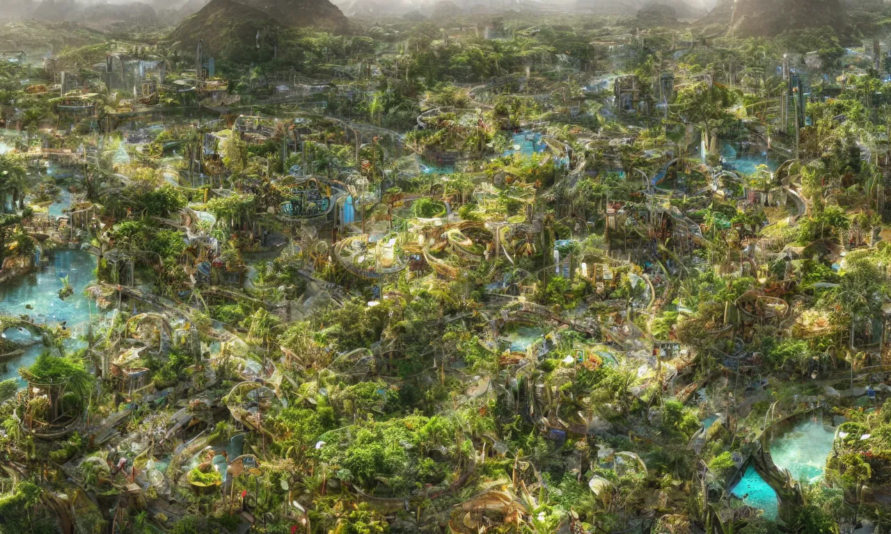 Image similar to solarpunk eco - city utopia, enchanted world, ancient nile winding river valley deep valley taken from 3 0 metres high, otherworldly, botanical garden, waterscape, overgrowing floral lush, glistening in the morning light, 8 k, cinematic shot, weta workshop, hyper realistic, cinematography by john boorman