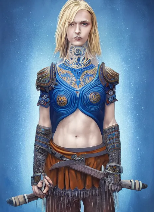 Prompt: full - body portrait of slavic young woman warrior, front, one single head, symmetrical, extremely detailed face, blue war paintings on face, beautiful face, short blonde hair, blue eyes, digital painting, true anatomy, behance, art by evgeny zubkov