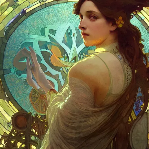 Image similar to a solarpunk phoenix, volumetric light, bokeh, painting by greg rutkowski by alphonse mucha