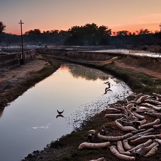 Prompt: National Geographic photograph of a sewage river with feces and goats at dawn