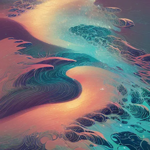 Prompt: surreal painting of the ocean merging with a galaxy, digital painting by feng zhu and loish and laurie greasley, victo ngai, andreas rocha, john harris