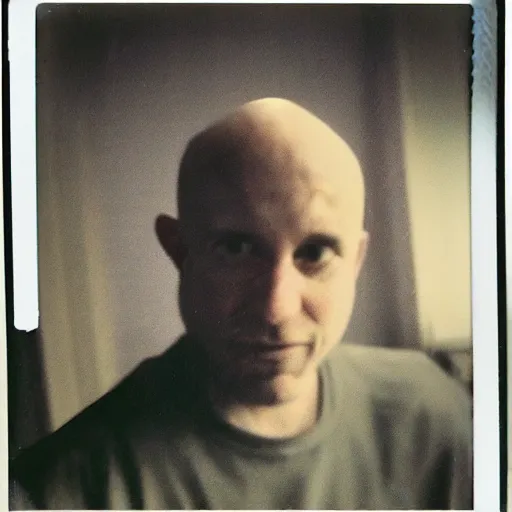 Image similar to old polaroid of a bald guy in the rain while a lighting strike hits his head