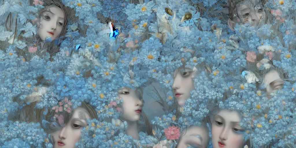 Image similar to breathtaking detailed concept art painting art deco pattern of faces goddesses amalgamation light - blue flowers with anxious piercing eyes and blend of flowers and birds, by hsiao - ron cheng and john james audubon, bizarre compositions, exquisite detail, extremely moody lighting, 8 k