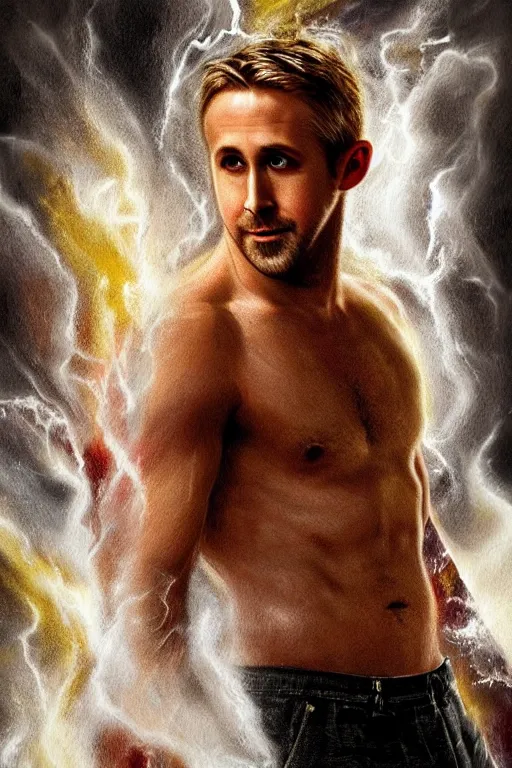 Prompt: painted portrait of ryan gosling as rugged zeus god of thunder greek god white hair masculine handsome upper body red and gold broad shoulders