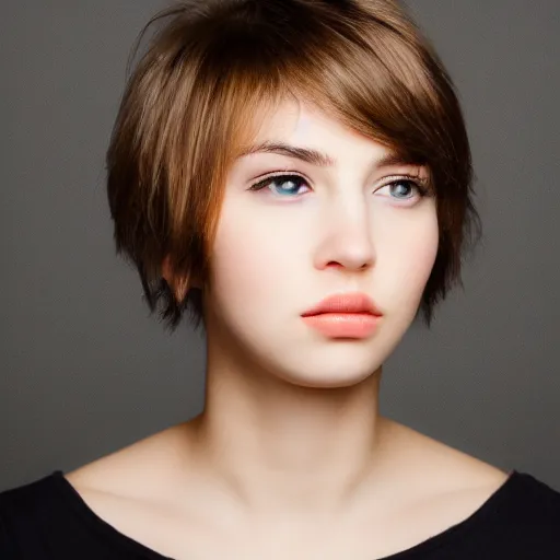 Image similar to portrait shot of a beautiful girl with puffy lips, squarish face, short hair