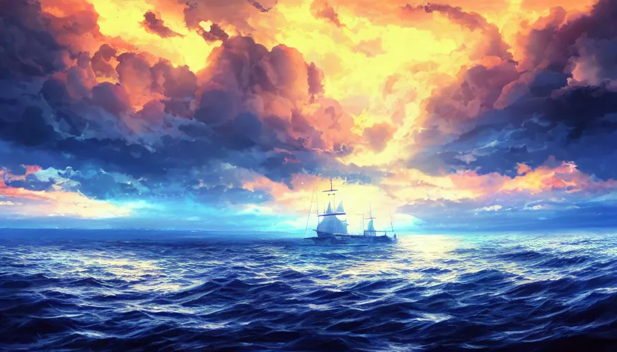 Image similar to one piece ship sailing, dark blue storm sky, sun sunset, with blue light piercing through clouds, makoto shinkai, royal blue colors, lighting refraction, volumetric lighting, pixiv art, highly detailed, anime art, symmetrical, wlop, anime art