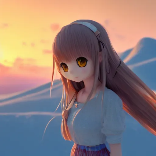 Prompt: Render of a very beautiful 3d anime girl, long hair, hazel eyes, cute freckles, full round face, short smile, cute sundress, golden hour, snowy hills setting, medium shot, mid-shot, highly detailed, trending on Artstation, Unreal Engine 4k