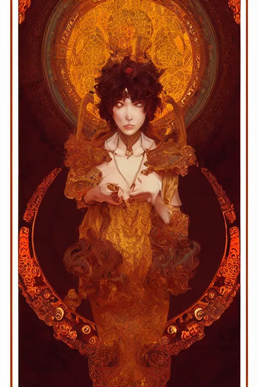 Image similar to tarot card artstation, portrait of a tarot card reader, sunrise, baroque ornament and rococo ornament, ancient chinese ornate, hyperdetailed, beautiful lighting, craig mullins, mucha, klimt, yoshitaka amano, red and gold and orange color palatte